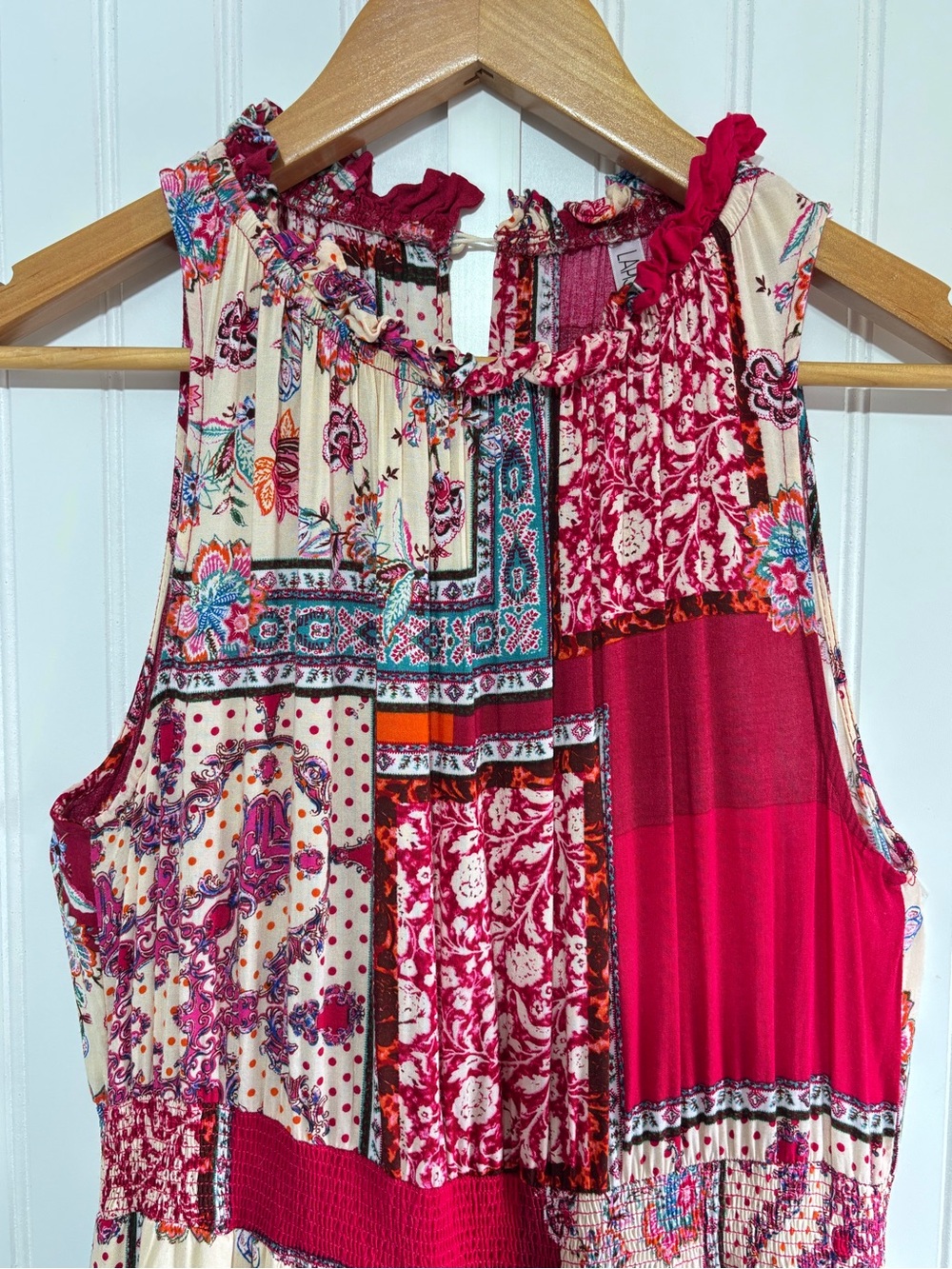 Lapis Patchwork Boho Tiered Ruffle Midi Dress Pink Floral Size Large - Picture 6 of 16